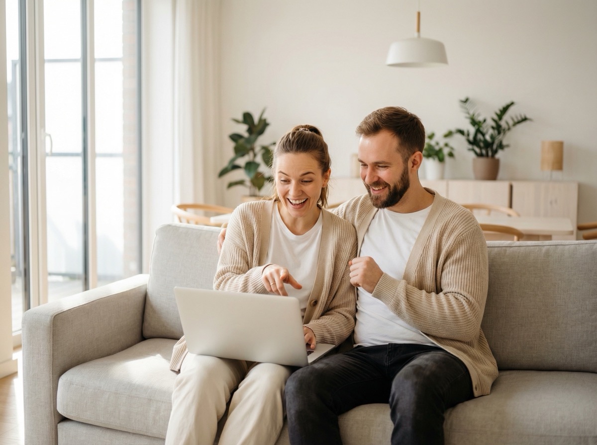 Zufriedenes Paar feiert Ersparnisse am Laptop